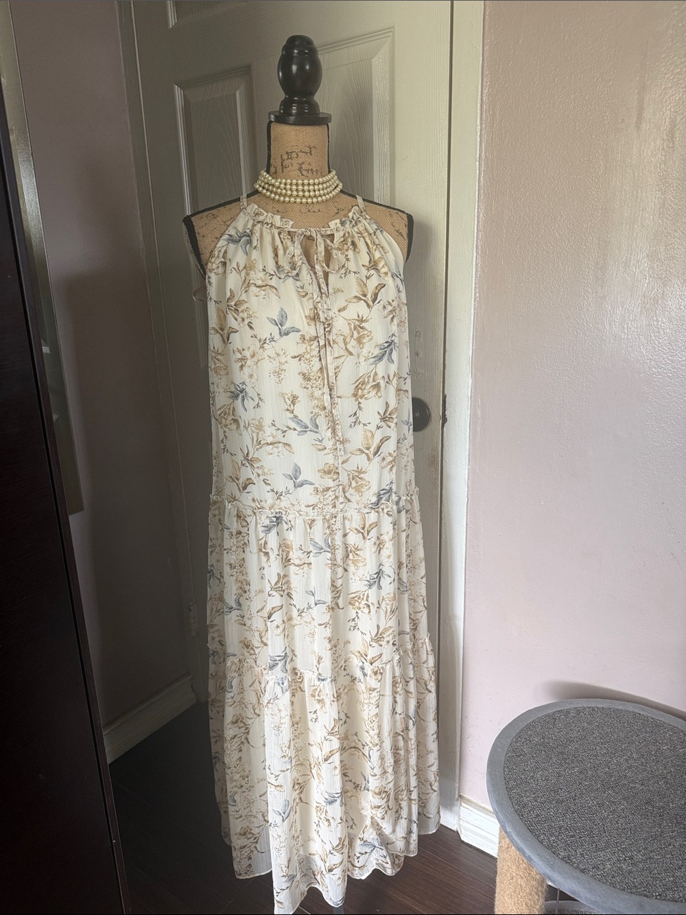 DREW Cream Floral Halter Maxi with Blue & Tan Prints